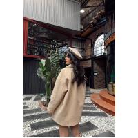 Oversize Tek Düğmeli Peluş Desenli Kısa Kaban Camel