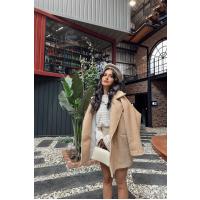 Oversize Tek Düğmeli Peluş Desenli Kısa Kaban Camel