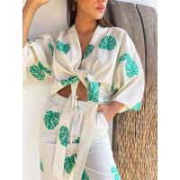 Oversize Yeşil Desenli Kimono Keten Pantolon Takım