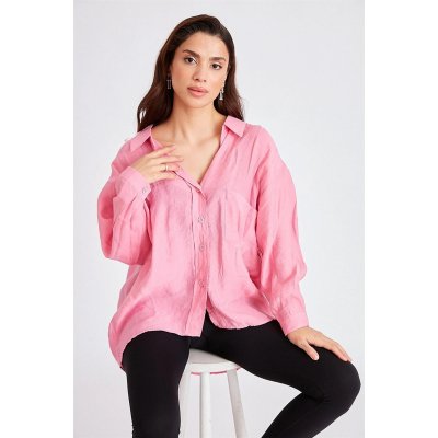 Düşük Omuzlu Oversize Pembe Gömlek