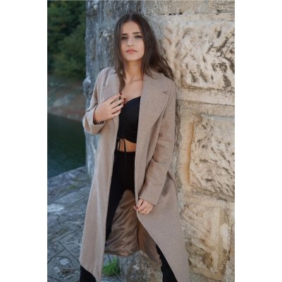 Kadın Belden Bağlamalı Kuşaklı Uzun Kaşe Kaban Açık Kahverengi